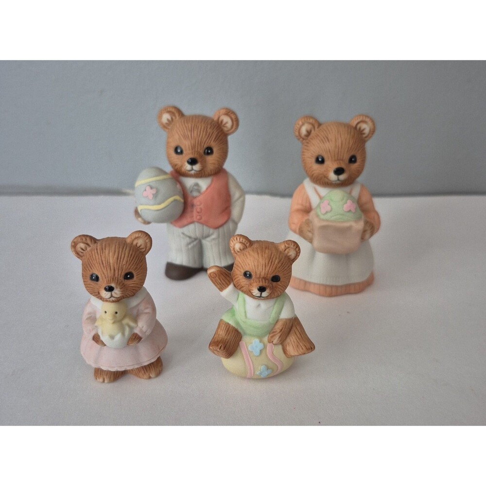 Homco 4 Piece Vintage Easter Bear Family Porcelain Bisque Figurines Model 1430